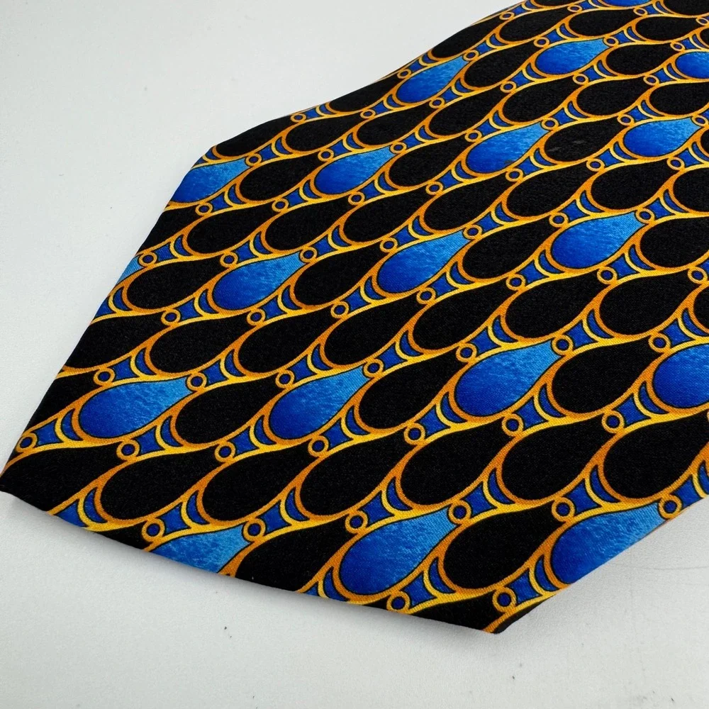 Pavone Mens Silk Tie Italy Luxury Blue‎ Gold Black Pattern Necktie Vintage